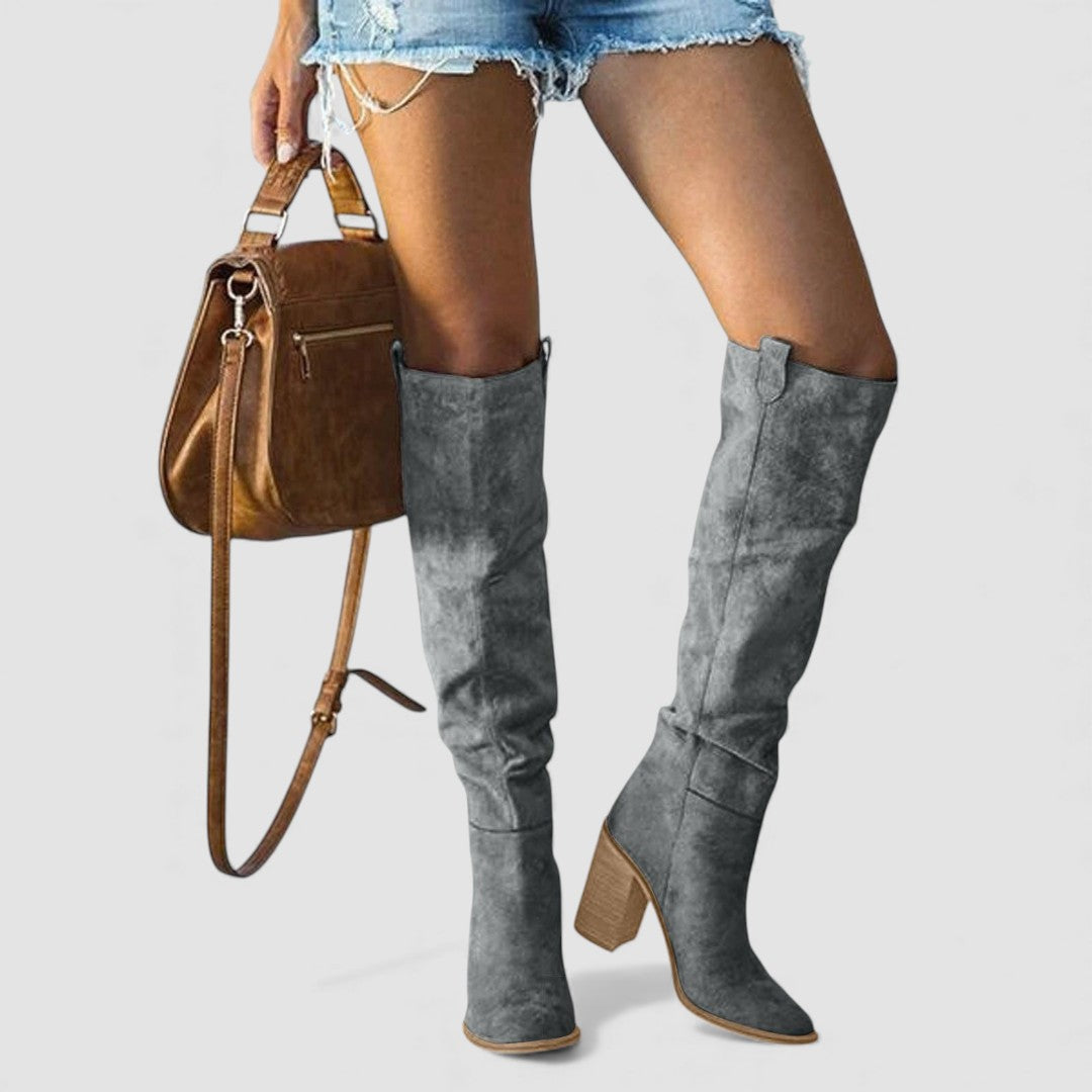 Damen Stiefel mit Blockabsatz - Overknee Stiefel - Spitze Form