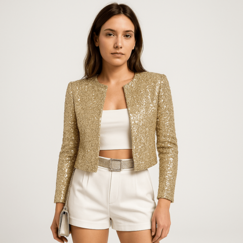 Abigail - Women's Short Blazer with Sequins and Round Neckline