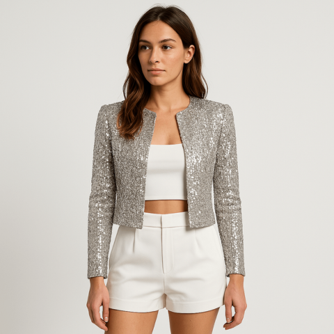 Abigail - Women's Short Blazer with Sequins and Round Neckline
