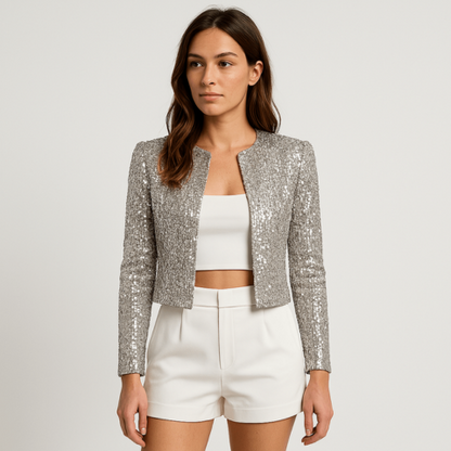 Abigail - Women's Short Blazer with Sequins and Round Neckline