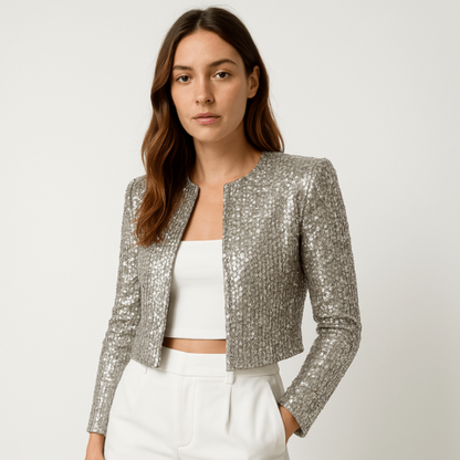 Abigail - Women's Short Blazer with Sequins and Round Neckline