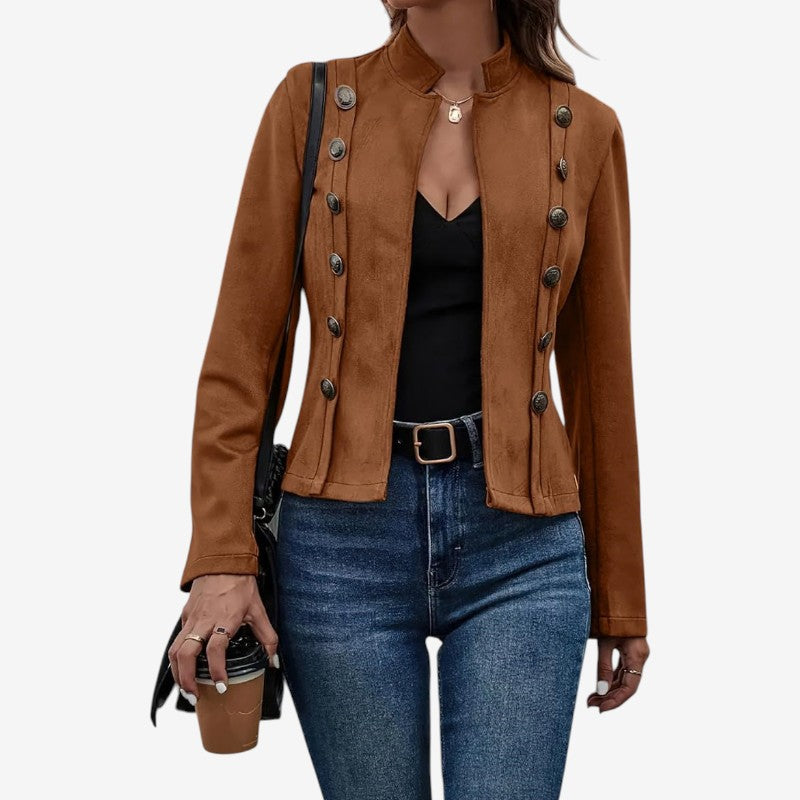 Solvya - Long sleeve open front jacket with decorative button