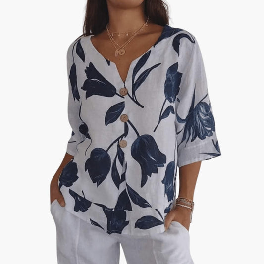 Damen Bluse V-Ausschnitt Kurzarm mit Blumenmuster Casual für den Sommer 0