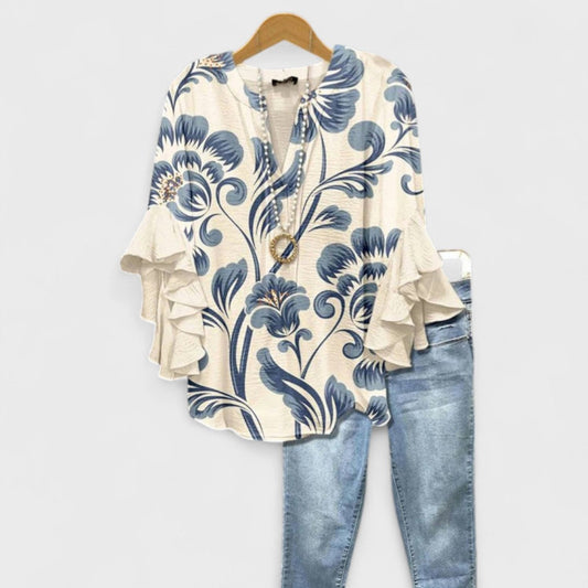 Damenbluse mit Volantärmel | Slim Fit Casual Bluse 0