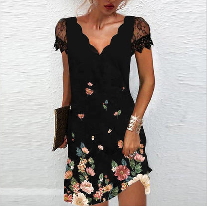 Women's V Neck Floral Summer Dress with Short Sleeves | Mini