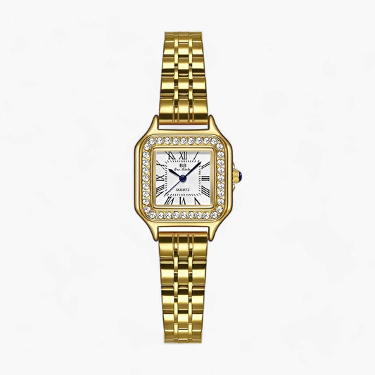 Horloges : Luxueus vierkant | Dames Horloge Zilver met Strass Accenten in Goud van Pantino