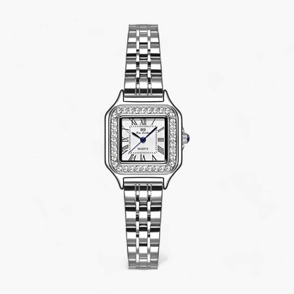 Horloges : Luxueus vierkant | Dames Horloge Zilver met Strass Accenten in Zilver van Pantino