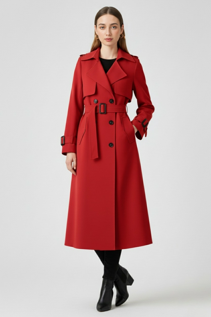 Women's Long Red Trench Coat - View 2 | Vanda Liamo