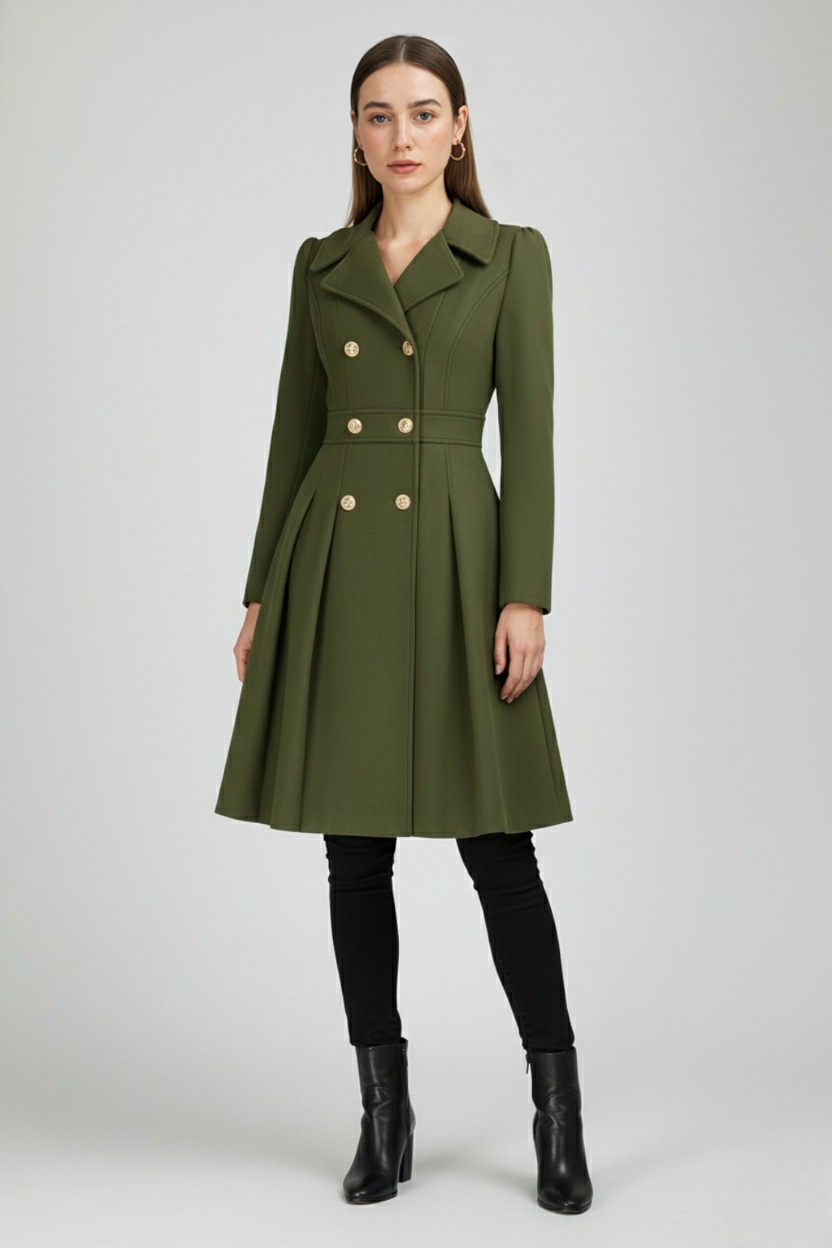 Women's Army Green Lined Double-Breasted Trench Coat - View 2 | Vanda Liamo