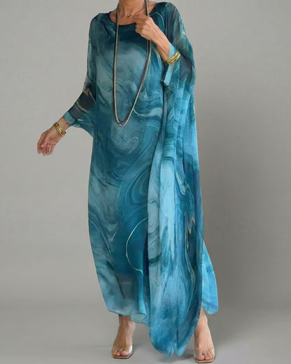 Women’s Printed Maxi Dress Oversized Fit Long Sleeve Asymmetric Hem Flowing Style