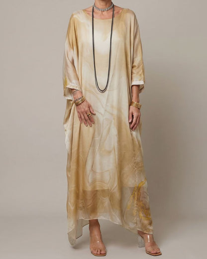 Women’s Printed Maxi Dress Oversized Fit Long Sleeve Asymmetric Hem Flowing Style