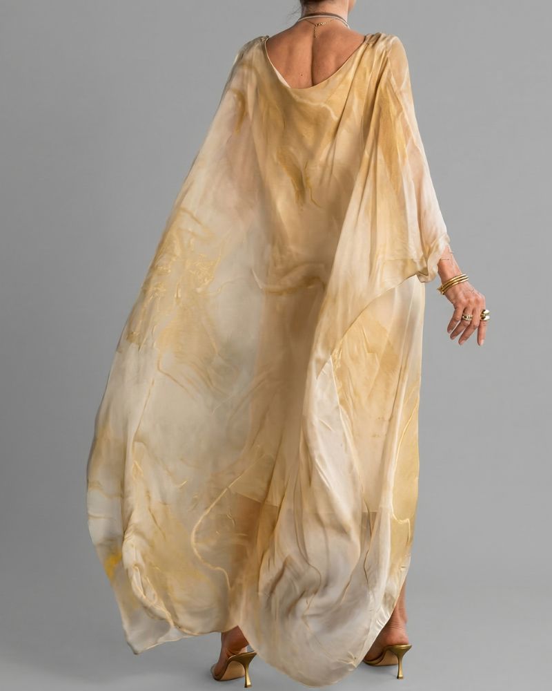 Women’s Printed Maxi Dress Oversized Fit Long Sleeve Asymmetric Hem Flowing Style