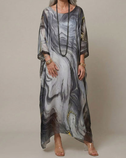 Women’s Printed Maxi Dress Oversized Fit Long Sleeve Asymmetric Hem Flowing Style