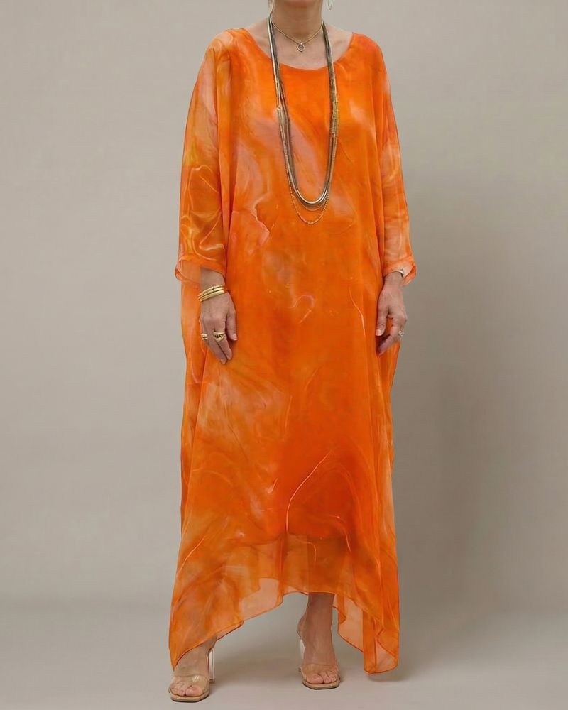 Women’s Printed Maxi Dress Oversized Fit Long Sleeve Asymmetric Hem Flowing Style