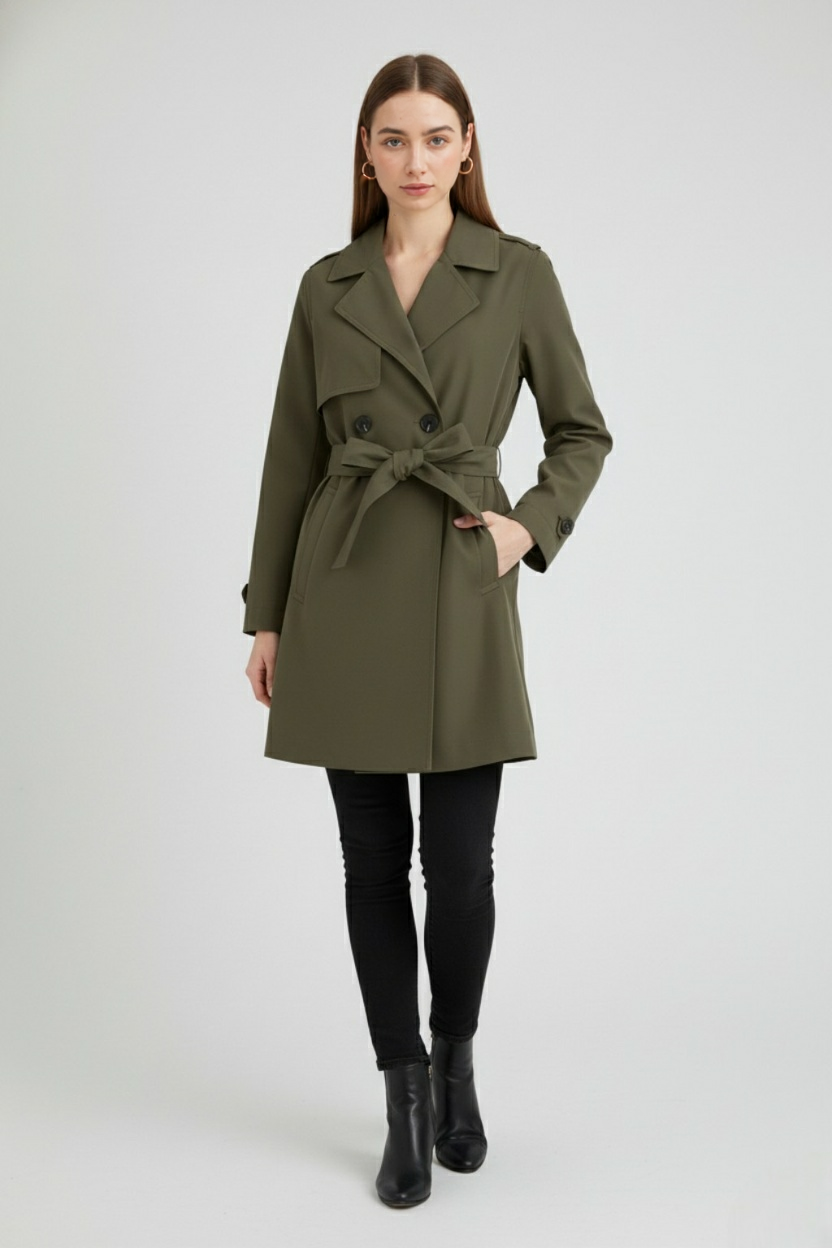 Women's Olive Green Trench Coat - View 2 | Vanda Liamo
