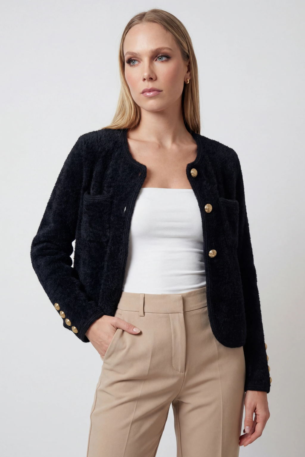 Women's Soft Crew Neck Black Cardigan | Vanda Liamo