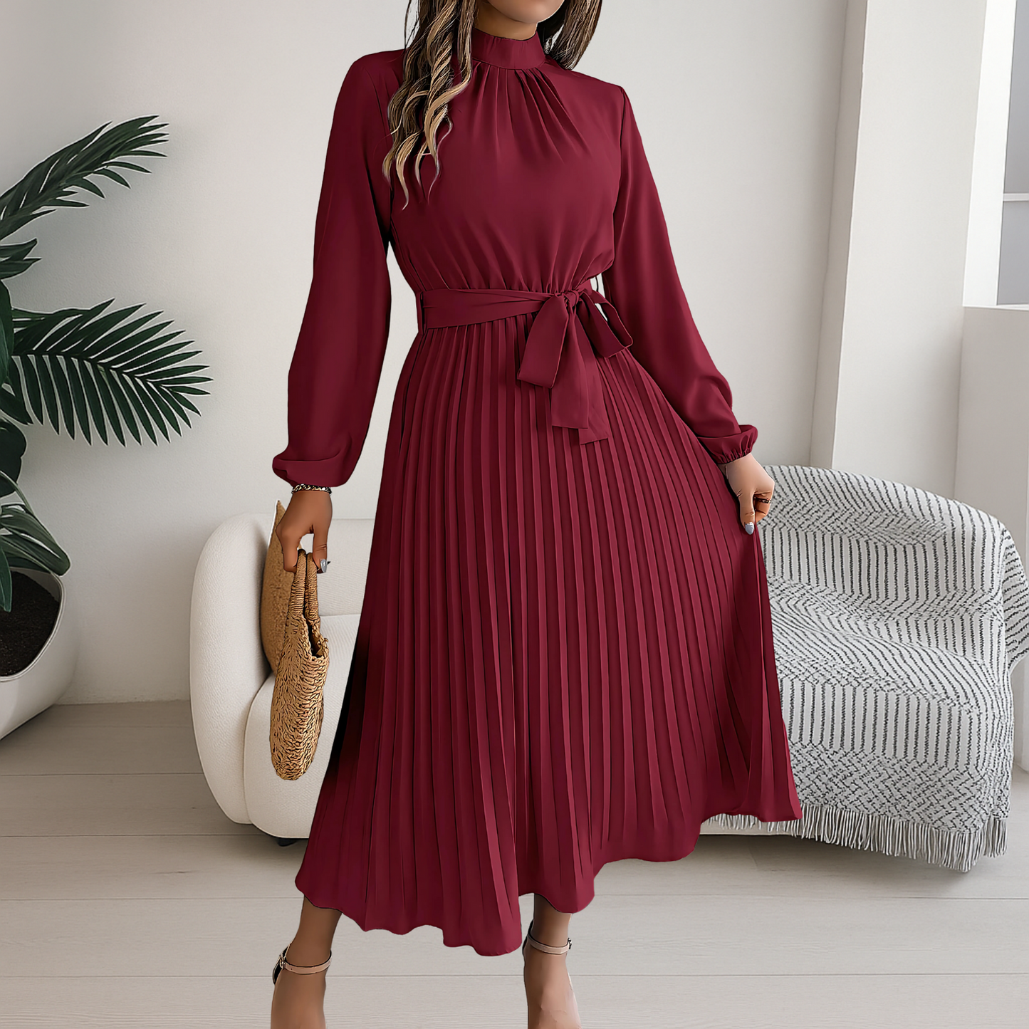 High Neck Long Sleeve Pleated Midi Dress with Waist Tie