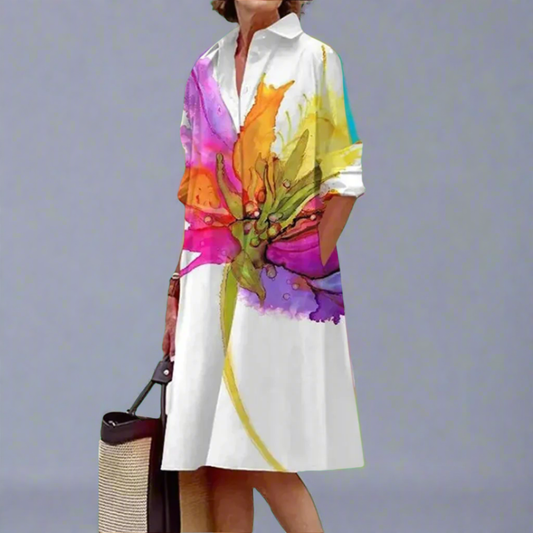 Dana | Women Summer Shirt Dress Collared Neck Long Sleeve Floral Print Midi
