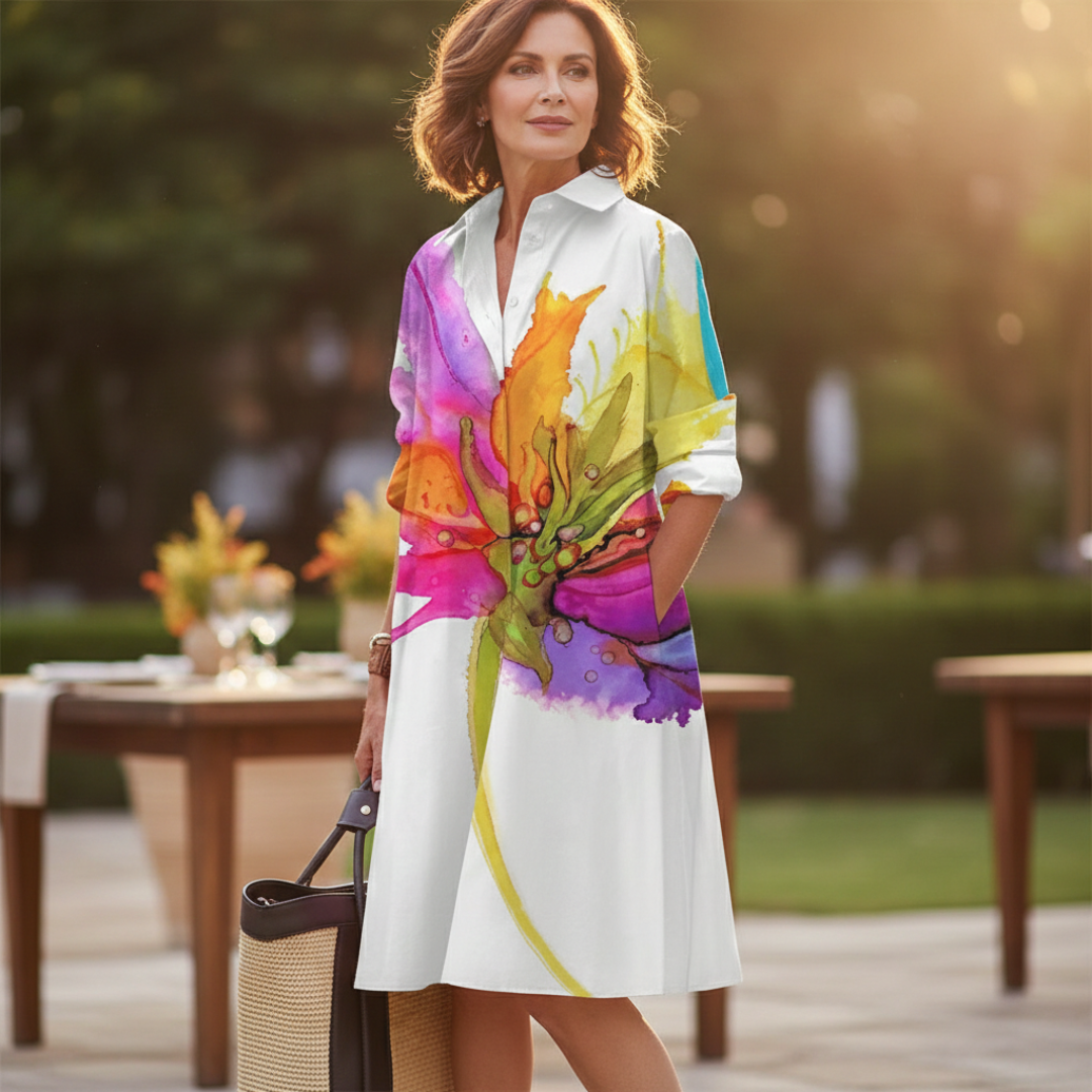 Dana | Women Summer Shirt Dress Collared Neck Long Sleeve Floral Print Midi