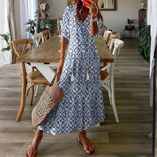 Danielle | Women Beach Maxi Dress V-Neck Tassel Tie 3/4 Sleeves All-Over Print