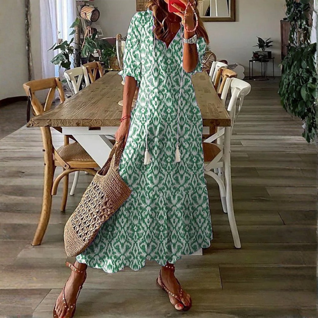 Danielle | Women Beach Maxi Dress V-Neck Tassel Tie 3/4 Sleeves All-Over Print