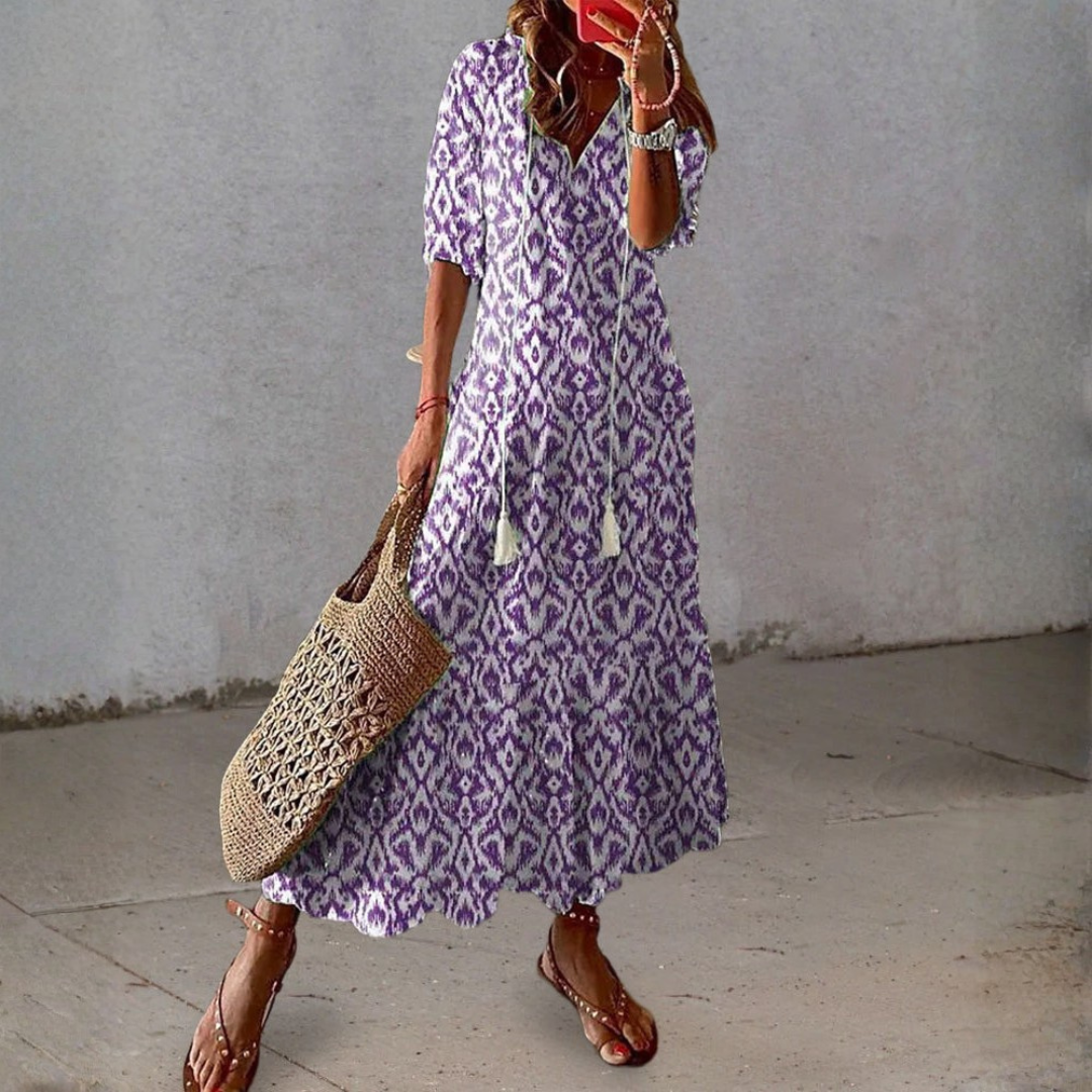 Danielle | Women Beach Maxi Dress V-Neck Tassel Tie 3/4 Sleeves All-Over Print