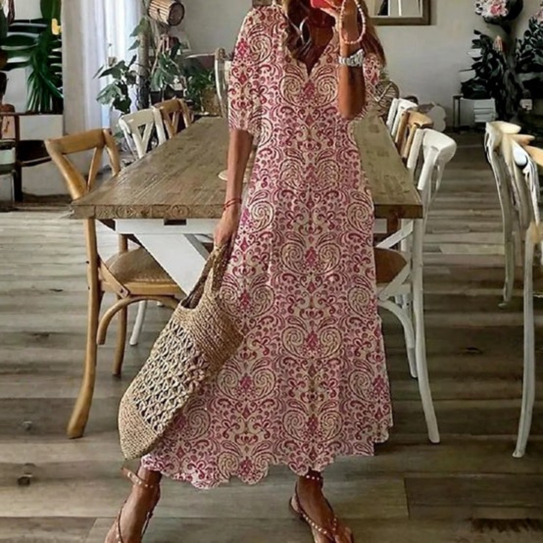 Danielle | Women Beach Maxi Dress V-Neck Tassel Tie 3/4 Sleeves All-Over Print