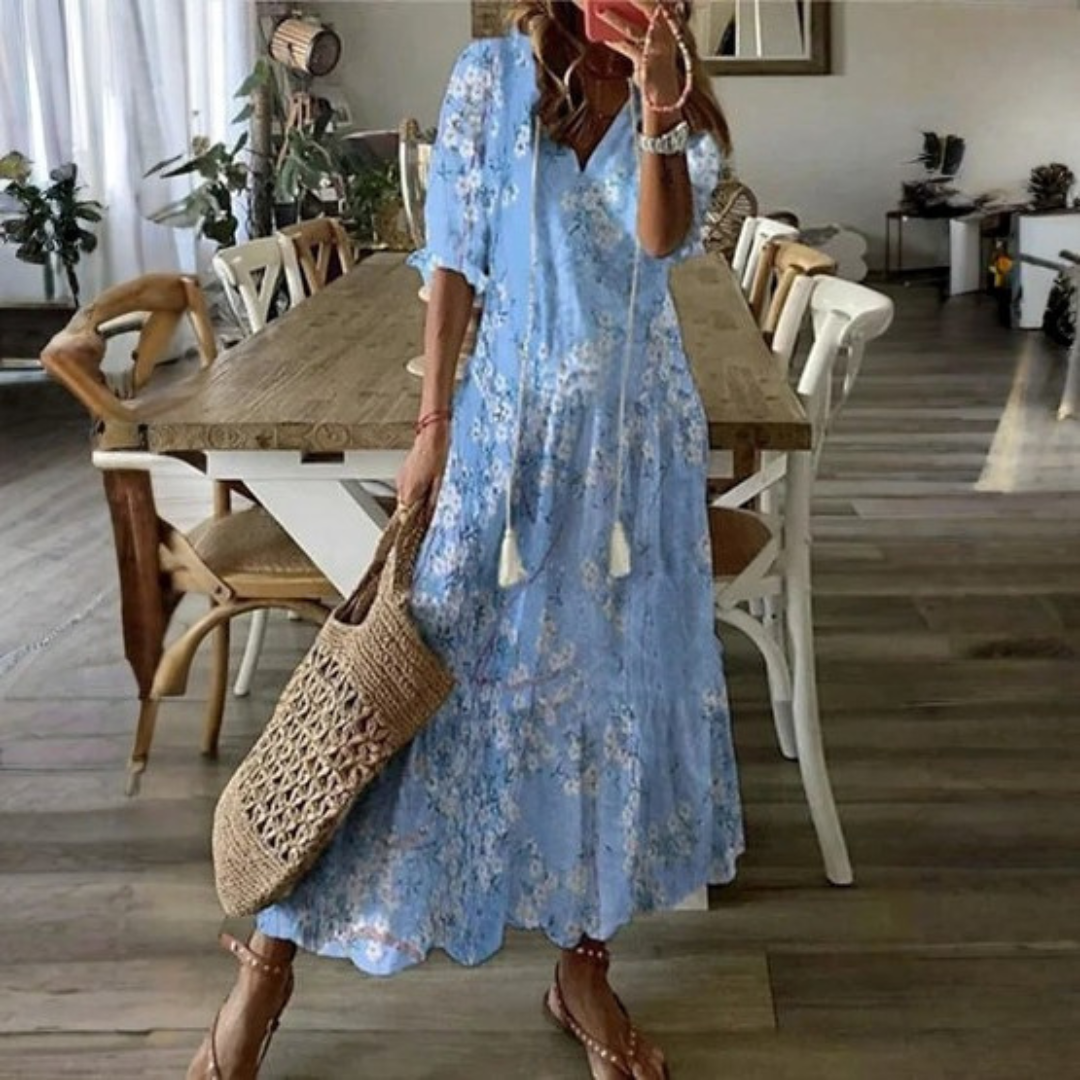 Danielle | Women Beach Maxi Dress V-Neck Tassel Tie 3/4 Sleeves All-Over Print