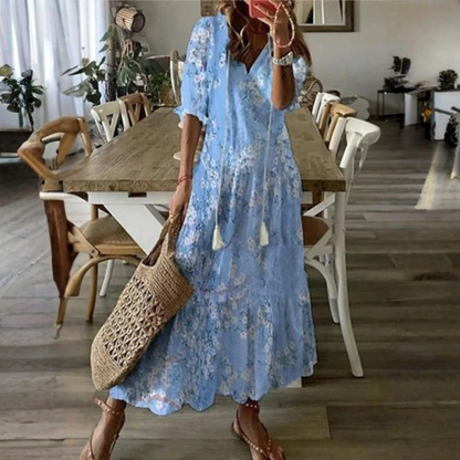Danielle | Women Beach Maxi Dress V-Neck Tassel Tie 3/4 Sleeves All-Over Print