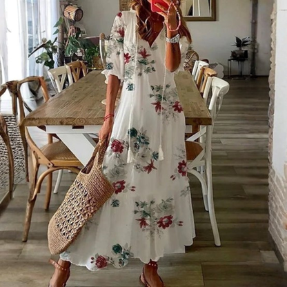 Danielle | Women Beach Maxi Dress V-Neck Tassel Tie 3/4 Sleeves All-Over Print