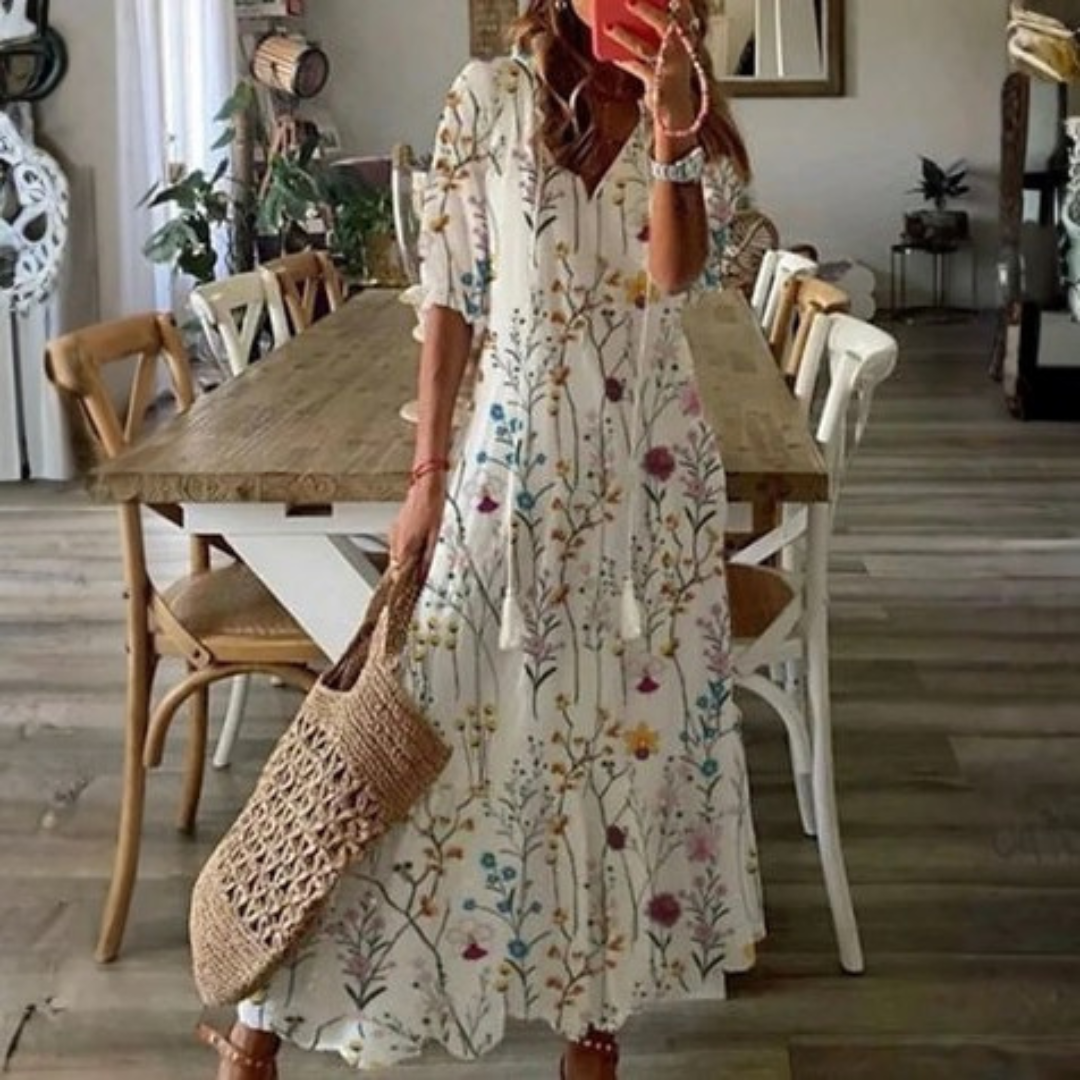 Danielle | Women Beach Maxi Dress V-Neck Tassel Tie 3/4 Sleeves All-Over Print