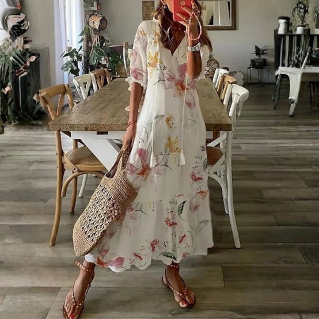 Danielle | Women Beach Maxi Dress V-Neck Tassel Tie 3/4 Sleeves All-Over Print