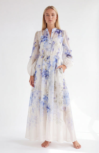 Laure Dames Maxi Jurk | Blauwe Bloemenprint | Elegante Lange Jurk