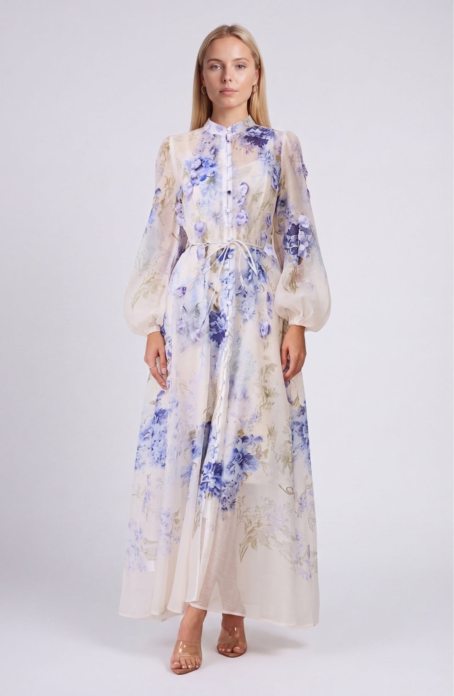 Laure Dames Maxi Jurk | Blauwe Bloemenprint | Elegante Lange Jurk
