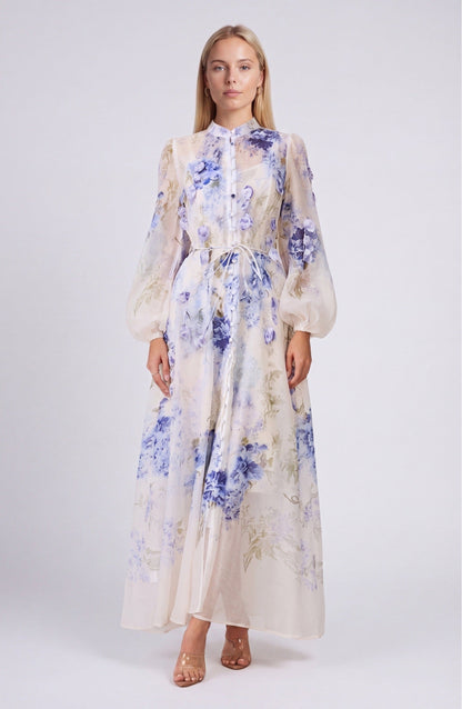 Laure Dames Maxi Jurk | Blauwe Bloemenprint | Elegante Lange Jurk