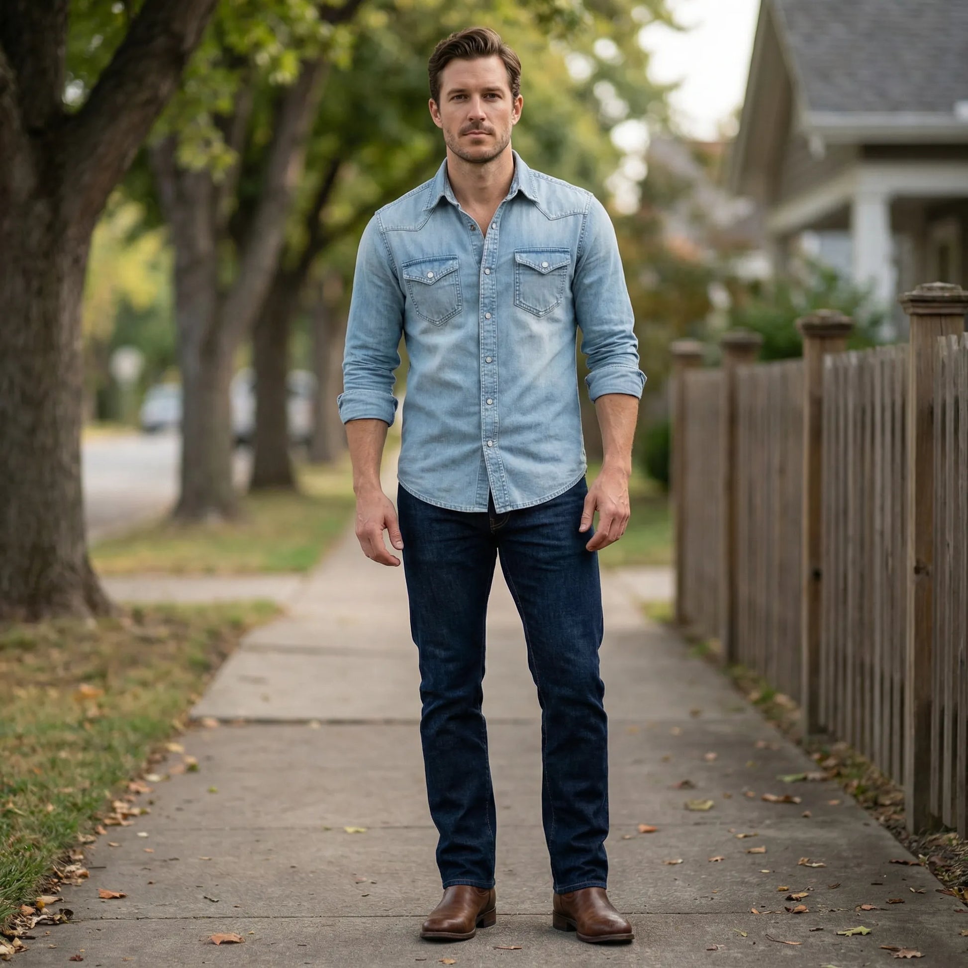 Denim skjorte herre | Slim fit med brystlommer