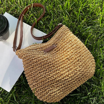 Women's Straw Shoulder Bag | Vegan Leather Strap