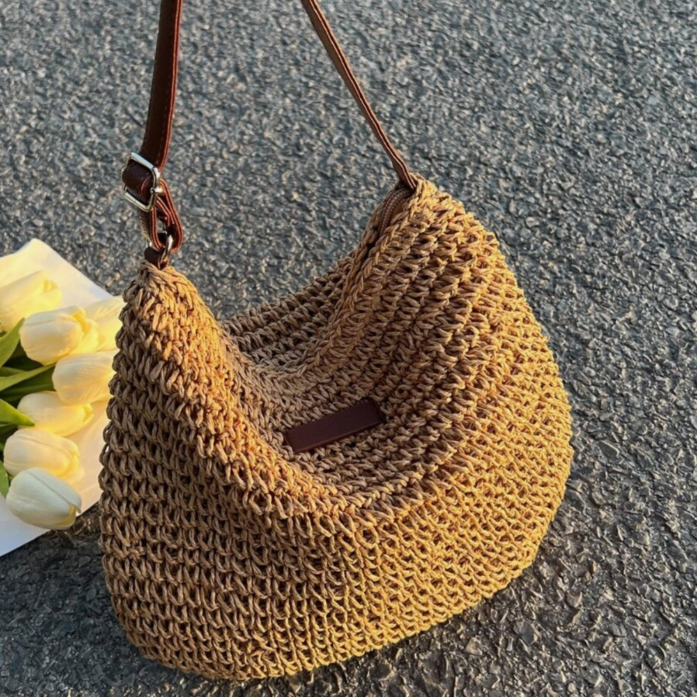 Women's Straw Shoulder Bag | Vegan Leather Strap