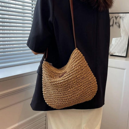 Women's Straw Shoulder Bag | Vegan Leather Strap