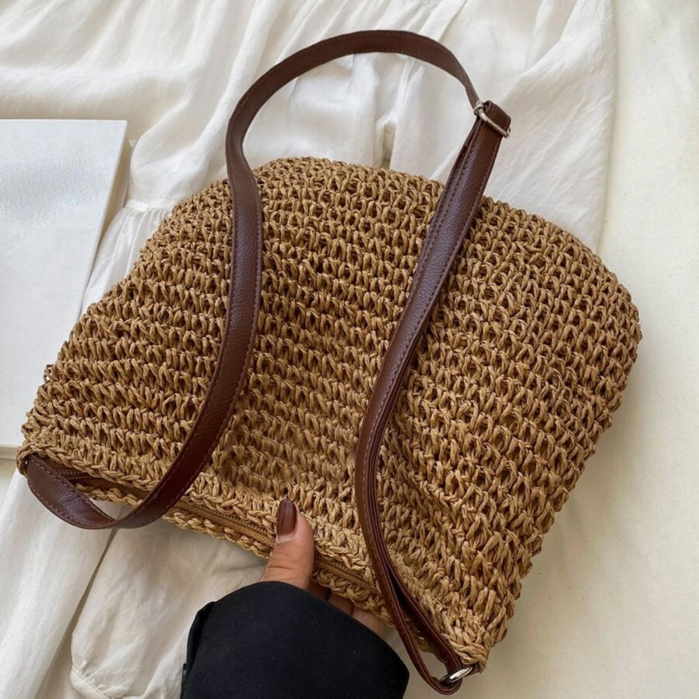 Women's Straw Shoulder Bag | Vegan Leather Strap