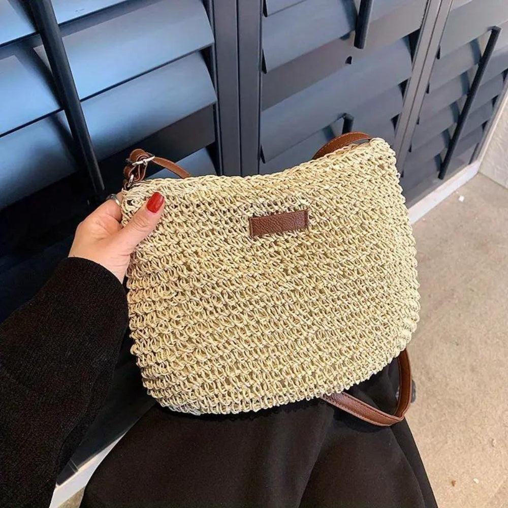Women's Straw Shoulder Bag | Vegan Leather Strap