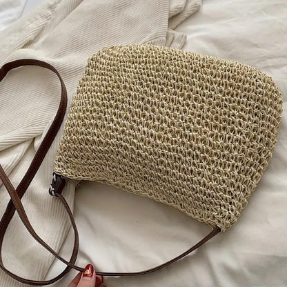 Women's Straw Shoulder Bag | Vegan Leather Strap