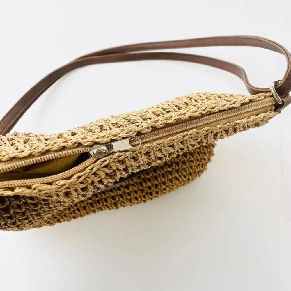 Women's Straw Shoulder Bag | Vegan Leather Strap