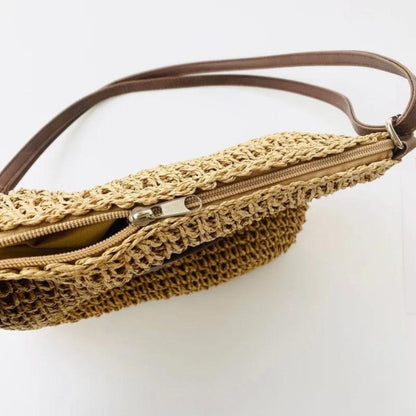 Women's Straw Shoulder Bag | Vegan Leather Strap