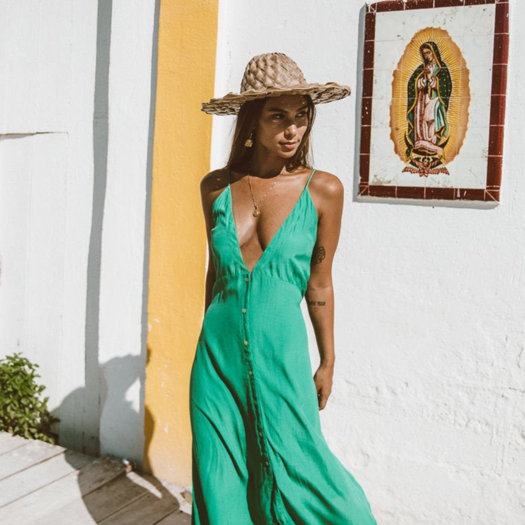 Diana | Women Summer Midi Dress V-Neck Spaghetti Straps Button Front