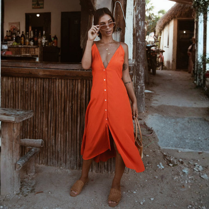 Diana | Women Summer Midi Dress V-Neck Spaghetti Straps Button Front