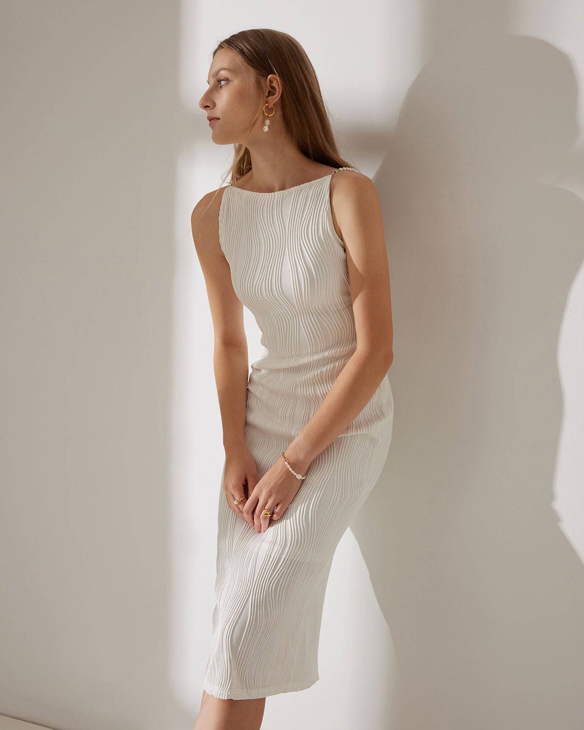 Robe Midi Femme Côtelée Élégante – Design Stylé avec Détails en Perles