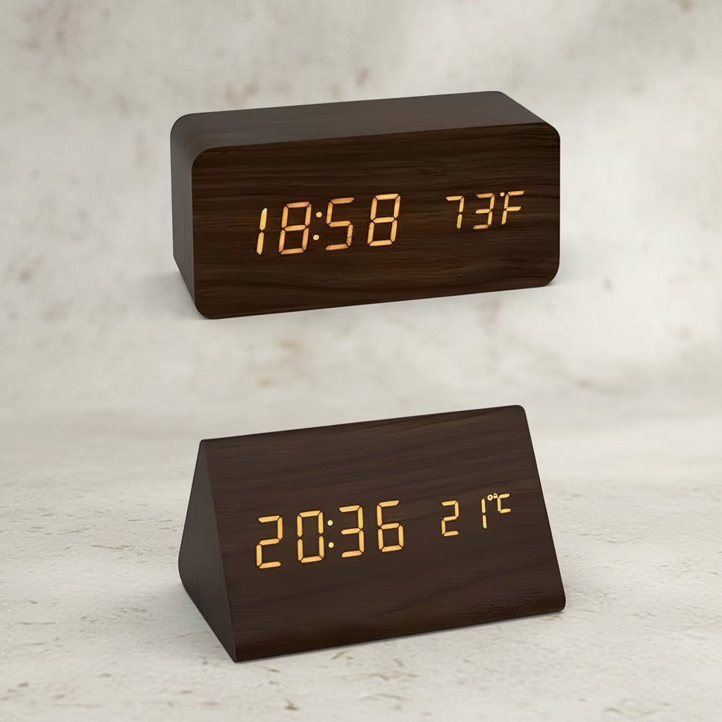 Træ Digital Vækkeur med Justerbar LED Skærm – Stilfuldt Design