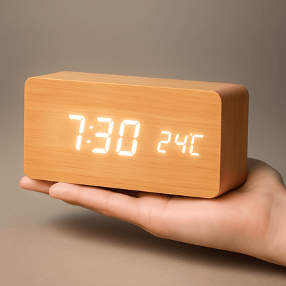 Træ Digital Vækkeur med Justerbar LED Skærm – Stilfuldt Design