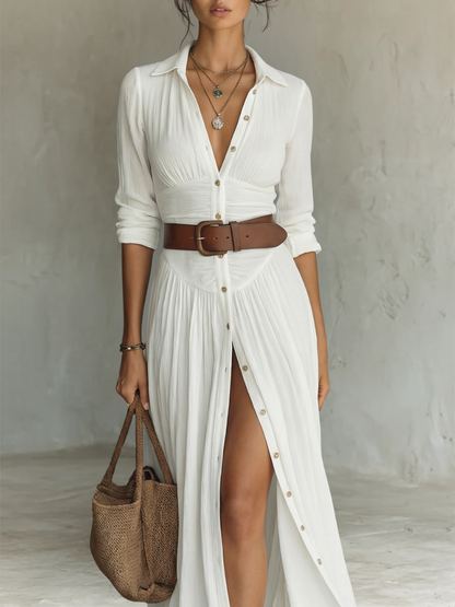 Sewmini - Vestido largo de Lino Con Cuello Con Solapa